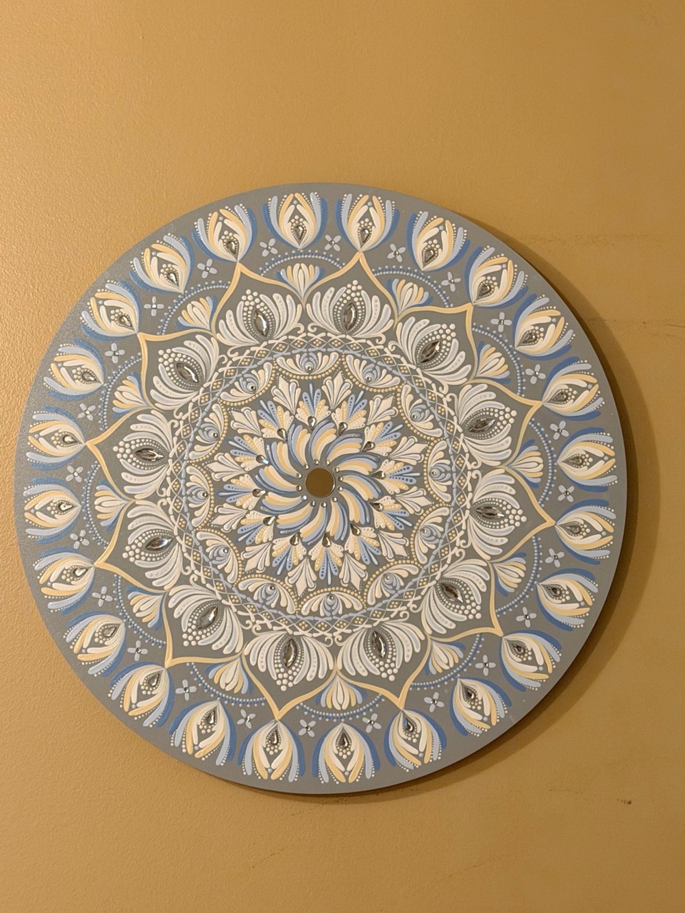 Hand Painted Mandala Wall Art 16” . Blue/Gray. Boho Decor MDF.